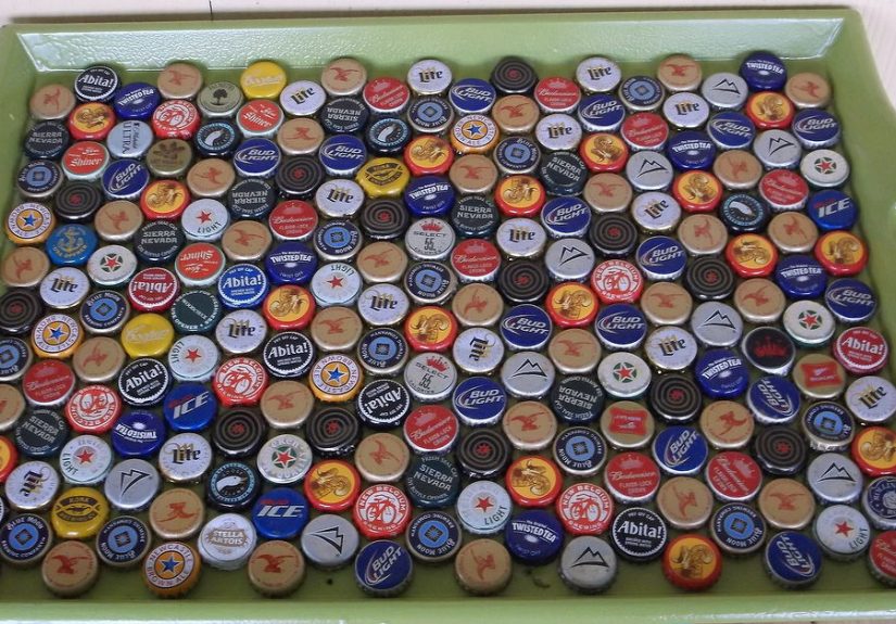Upcycled Serving Table With Beer Caps For The Front Porch